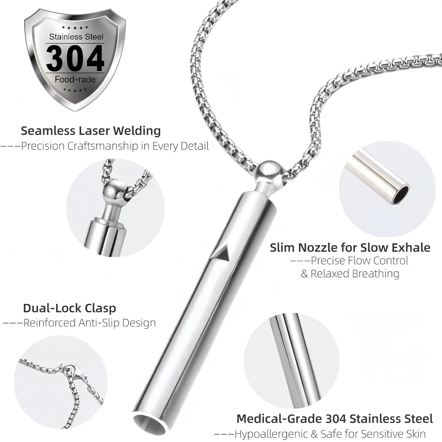 2PCS Breathing Necklace for Anxiety Relief Adjustable Chains Stainless Steel Whistle Jewelry for Mindfulness & Focus(3 Sizes)