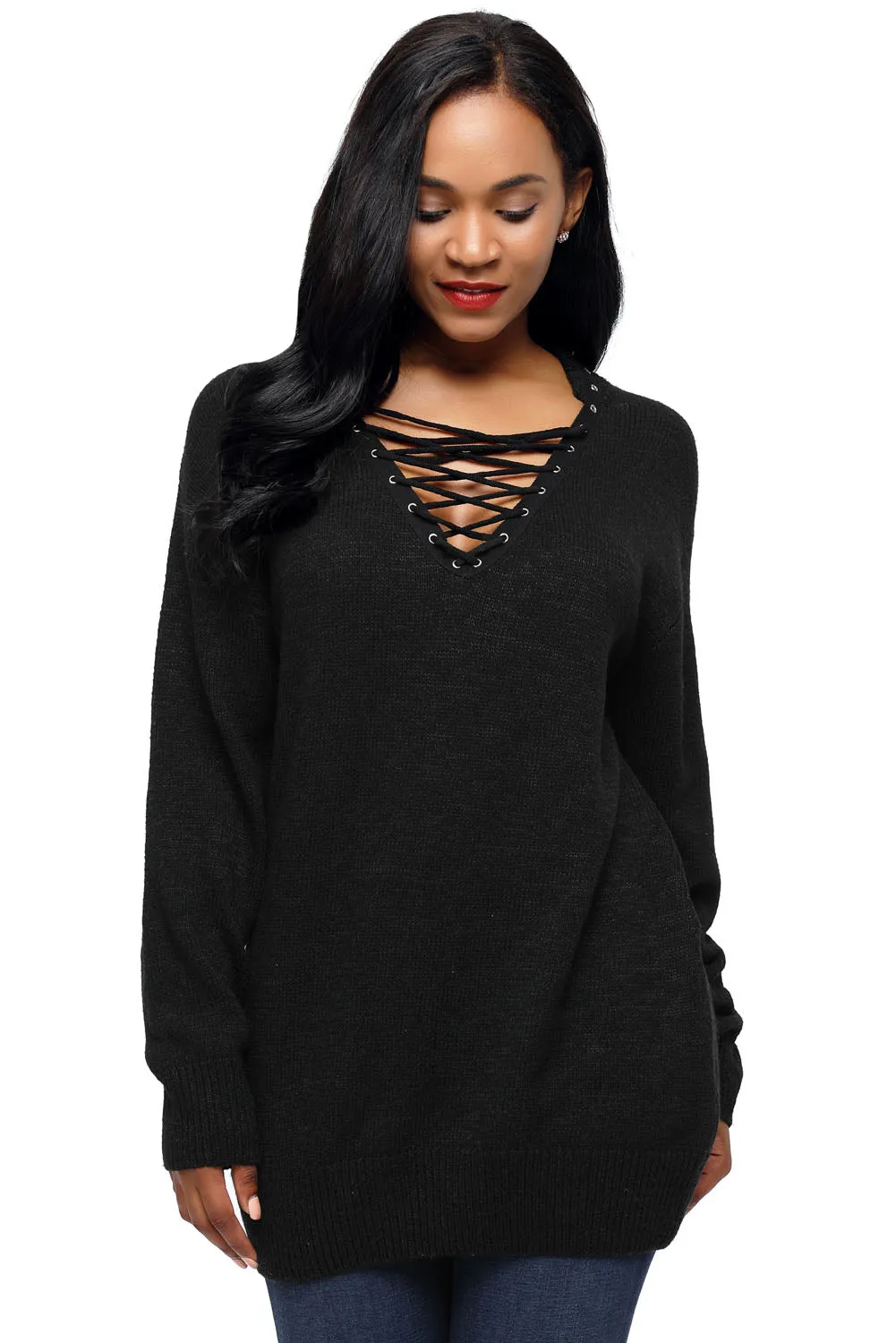 Black Chic Long Sleeve Sweater with Lace up Neckline