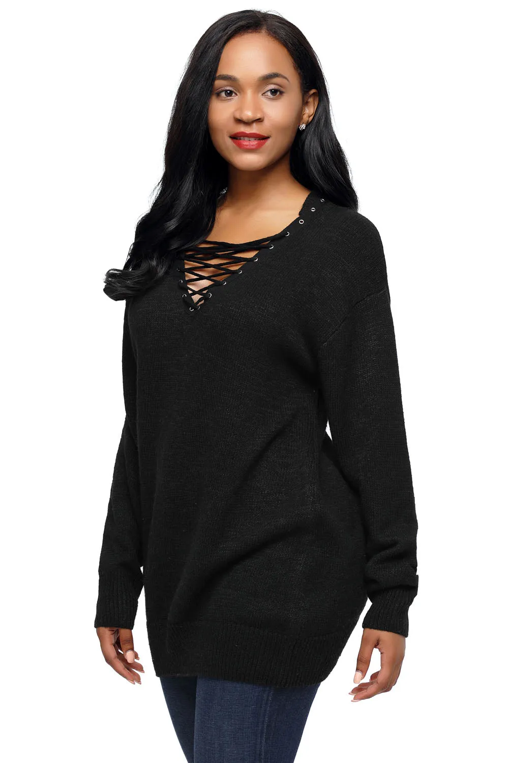Black Chic Long Sleeve Sweater with Lace up Neckline
