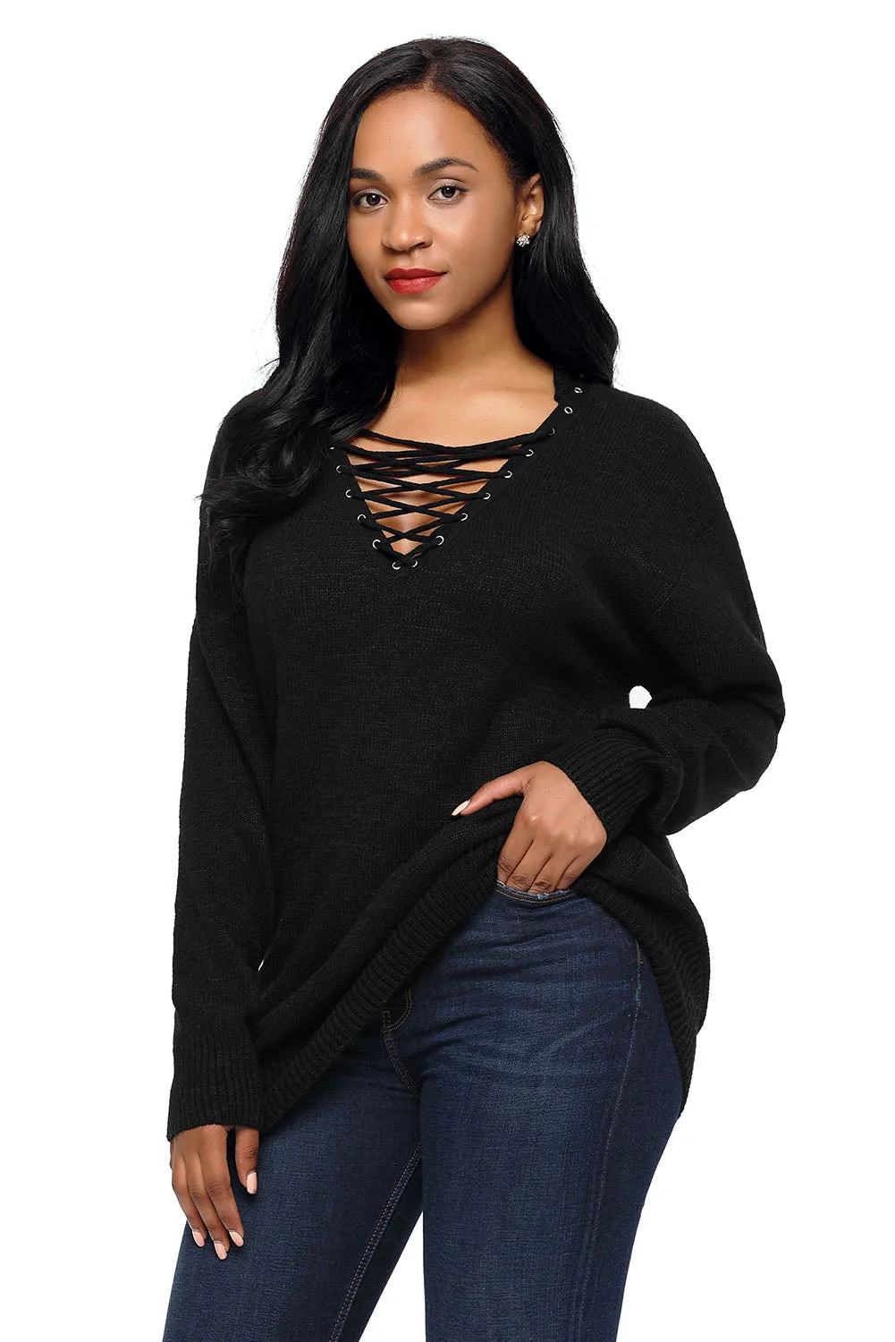 Black Chic Long Sleeve Sweater with Lace up Neckline