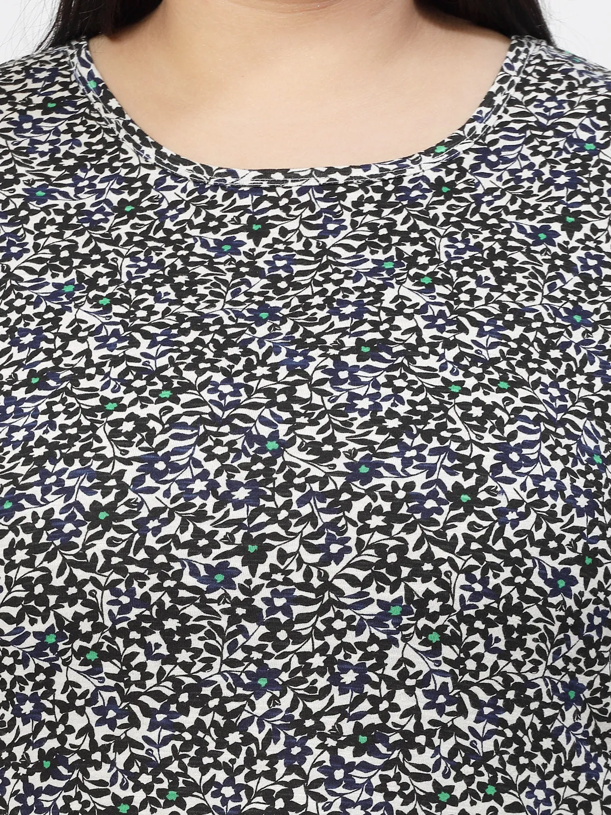 Black Floral Printed Round Neck Pure Cotton Casual Longline T-shirt