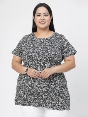 Black Floral Printed Round Neck Pure Cotton Casual Longline T-shirt