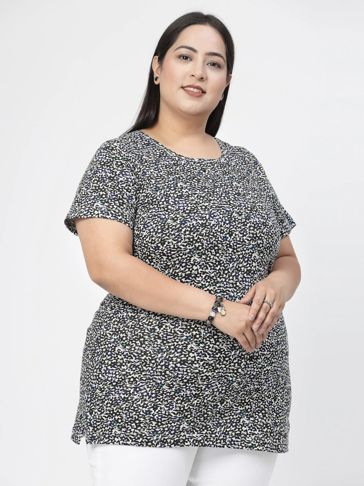 Black Floral Printed Round Neck Pure Cotton Casual Longline T-shirt