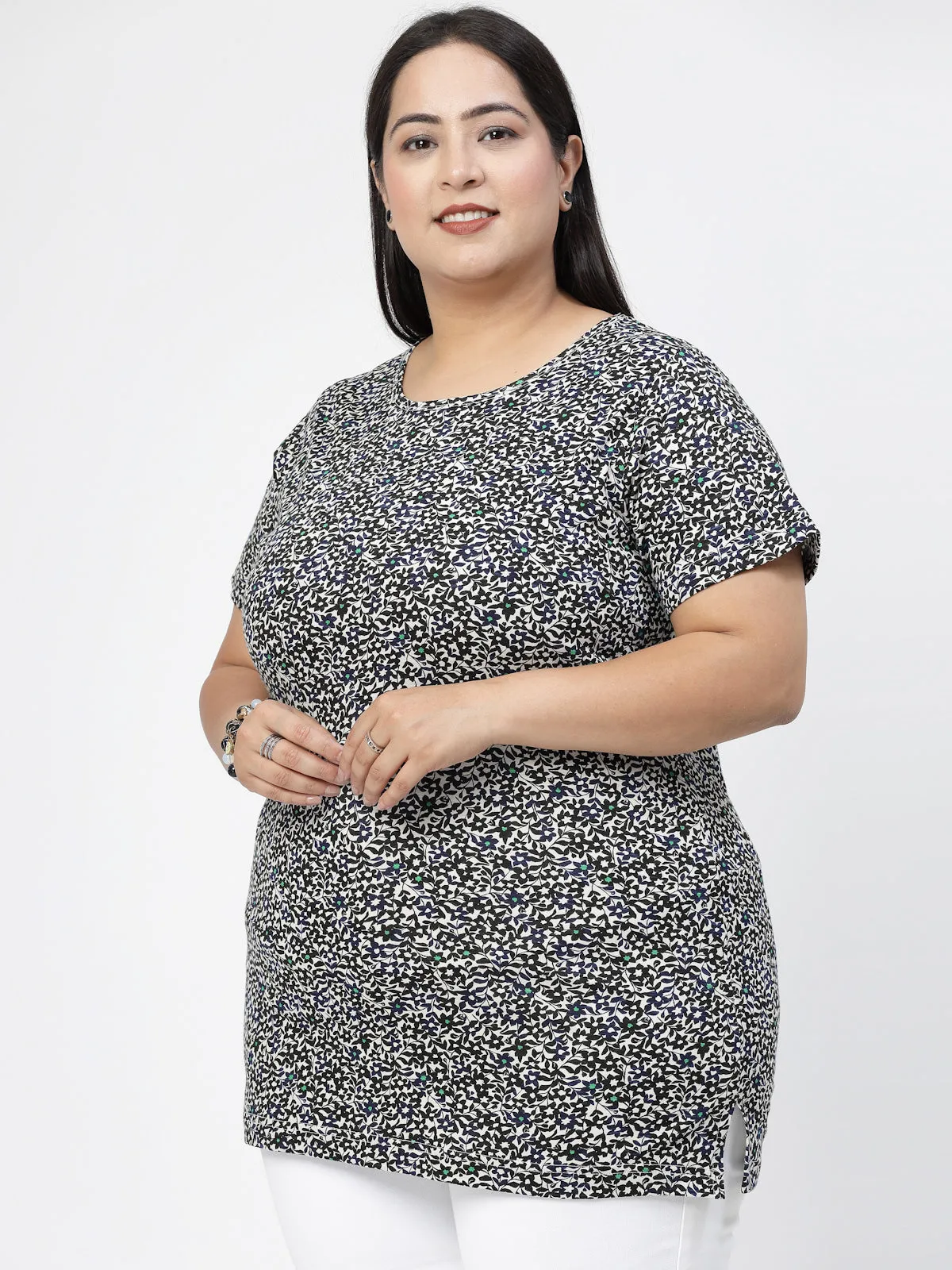 Black Floral Printed Round Neck Pure Cotton Casual Longline T-shirt