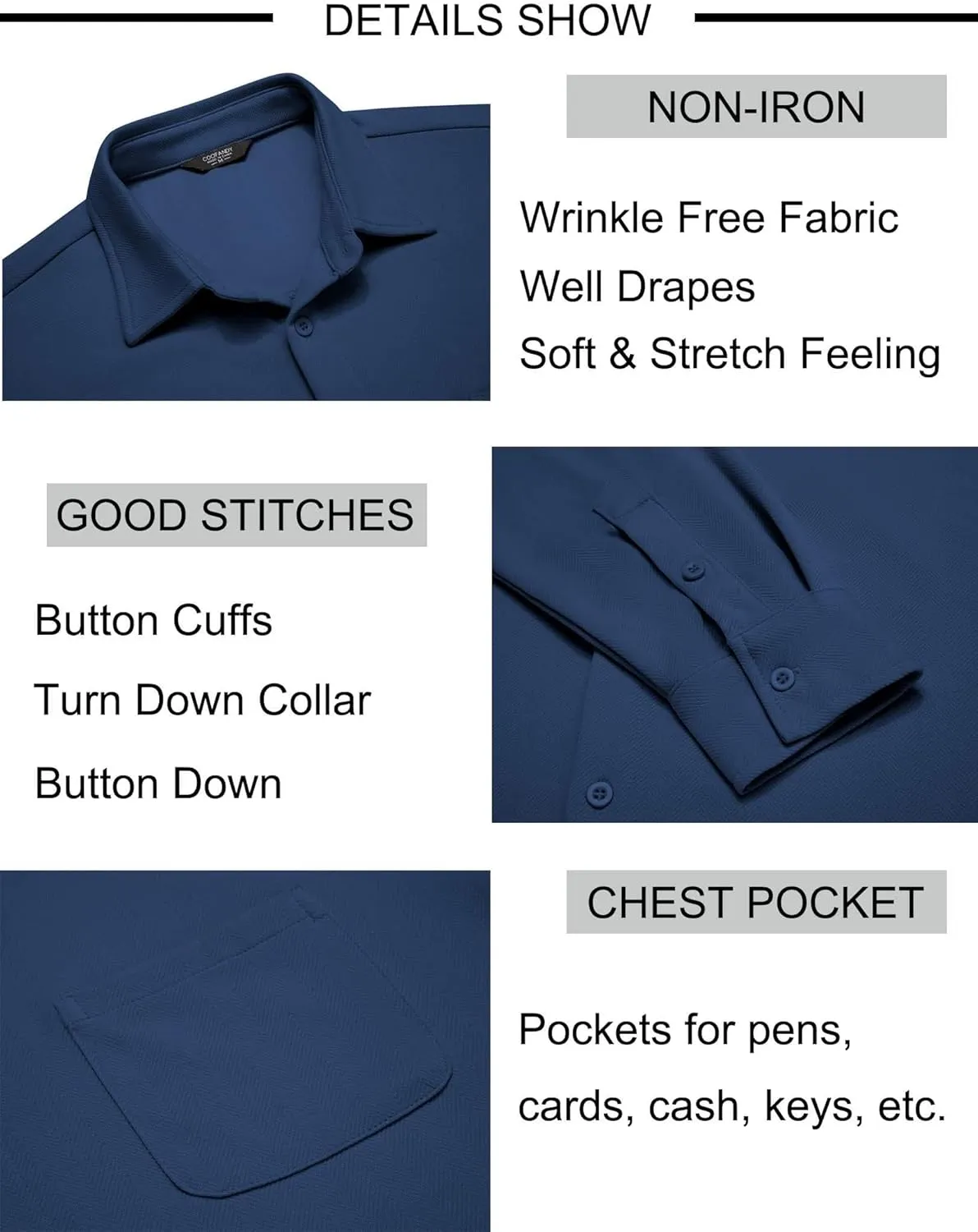 COOFANDY Mens Long Sleeve Button Down Shirts Wrinkle Free Untucked Shirts Casual Dress Shirt for Men