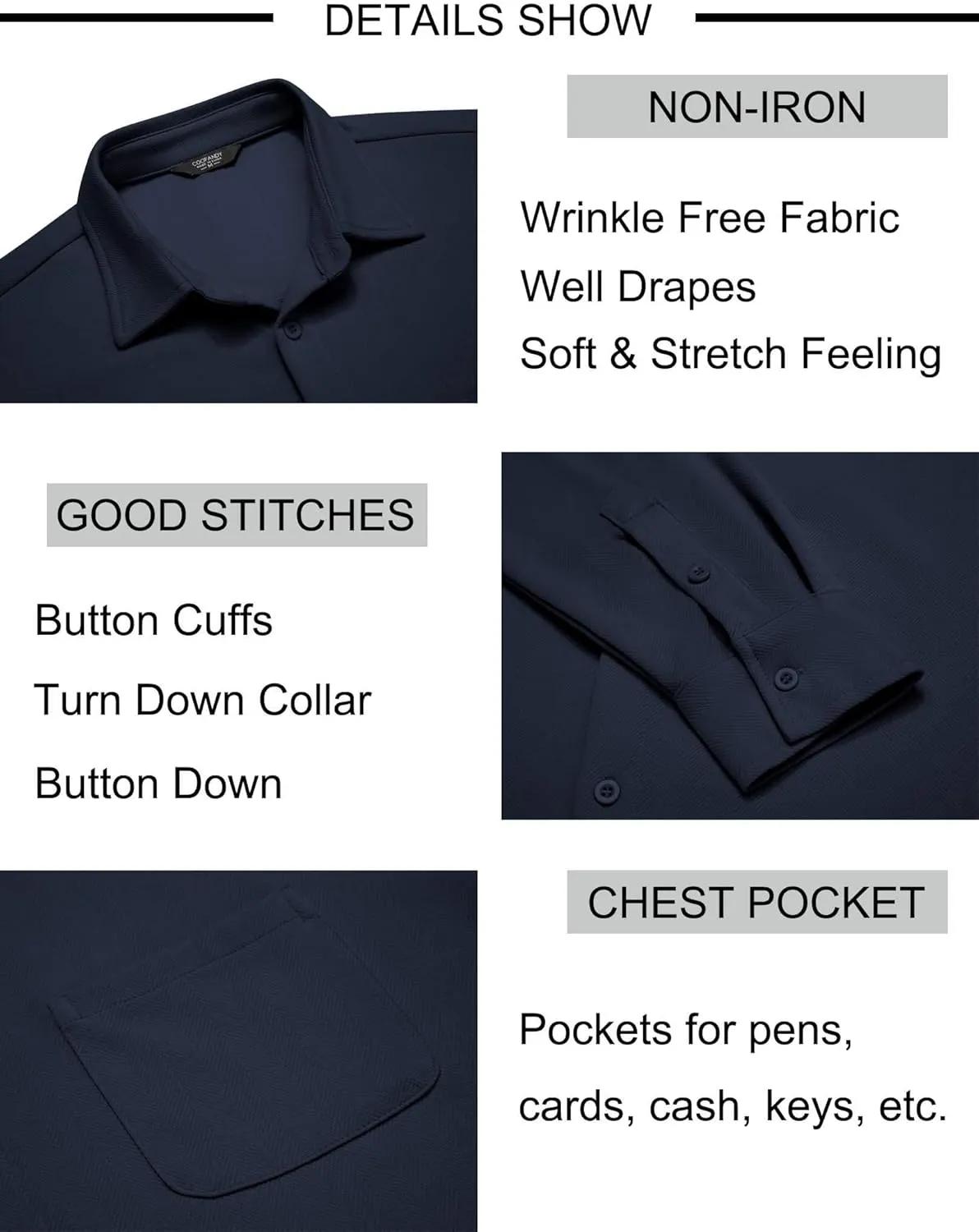 COOFANDY Mens Long Sleeve Button Down Shirts Wrinkle Free Untucked Shirts Casual Dress Shirt for Men