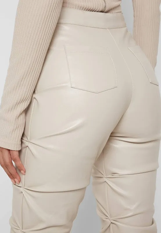Cream Multi Wrinkle Bottom Slit PU Leather Pants