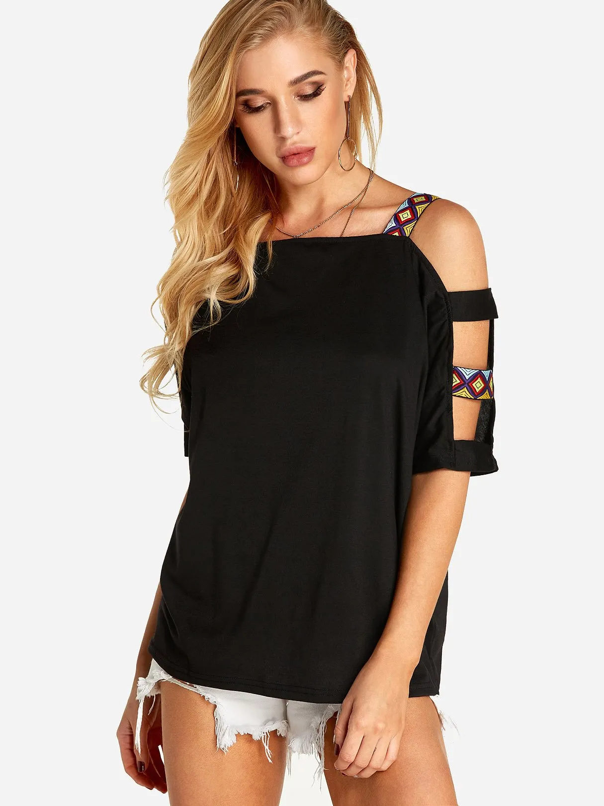 Custom Round Neck Cold Shoulder Cut Out Half Sleeve T-Shirts