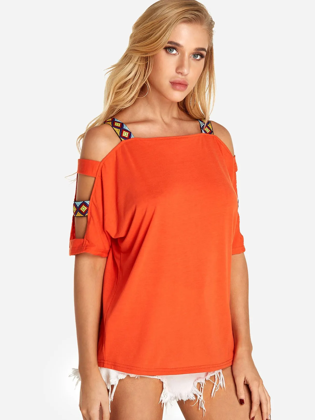 Custom Round Neck Cold Shoulder Cut Out Half Sleeve T-Shirts