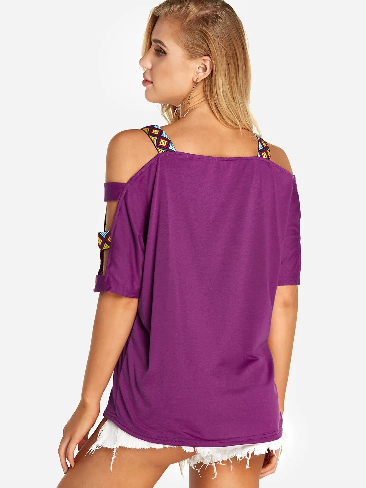 Custom Round Neck Cold Shoulder Cut Out Half Sleeve T-Shirts