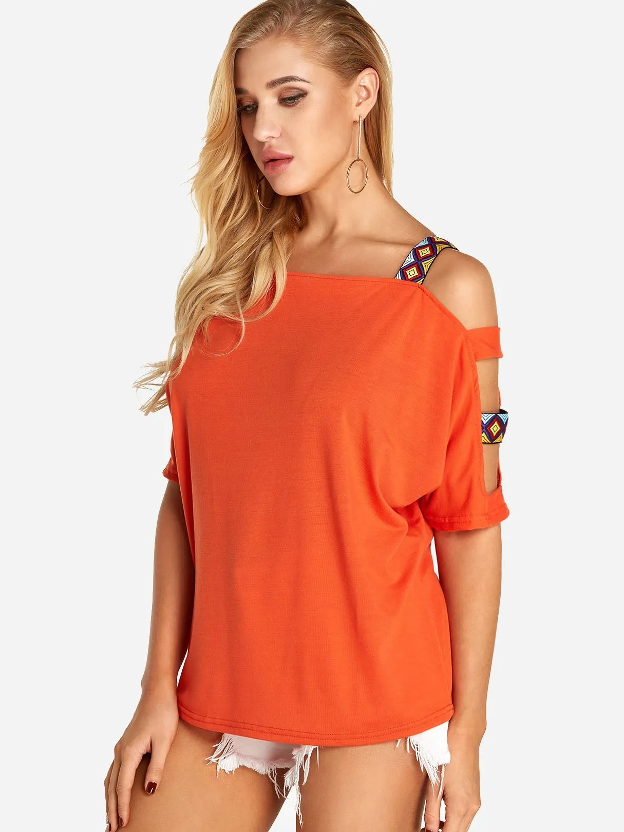 Custom Round Neck Cold Shoulder Cut Out Half Sleeve T-Shirts