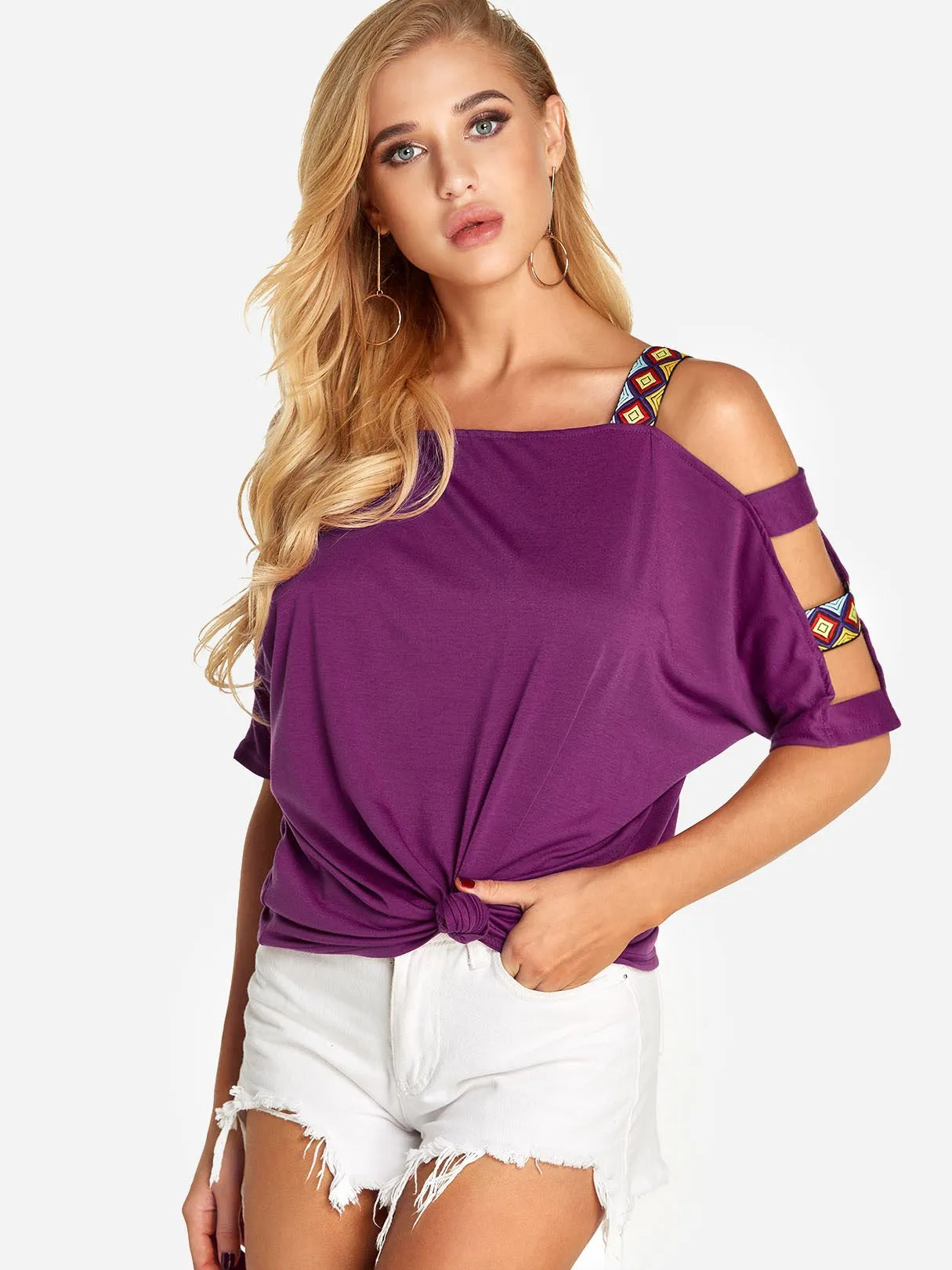 Custom Round Neck Cold Shoulder Cut Out Half Sleeve T-Shirts