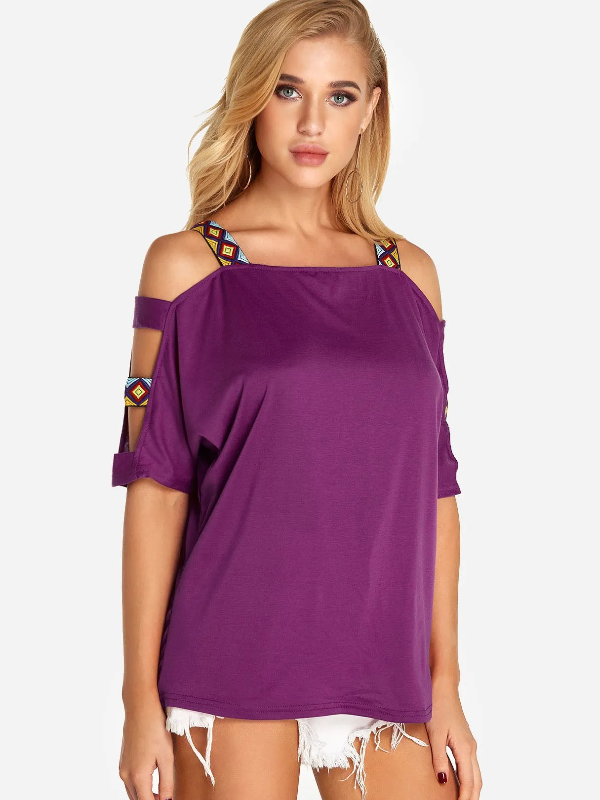 Custom Round Neck Cold Shoulder Cut Out Half Sleeve T-Shirts