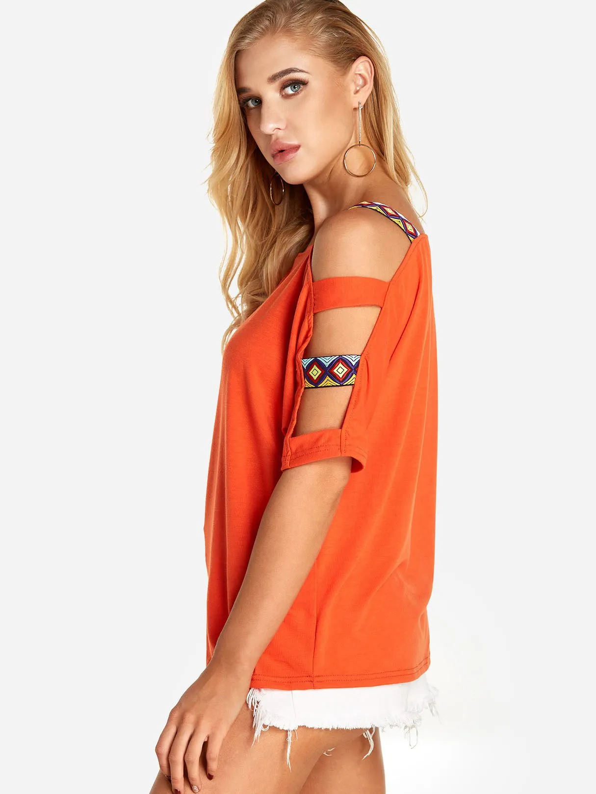 Custom Round Neck Cold Shoulder Cut Out Half Sleeve T-Shirts