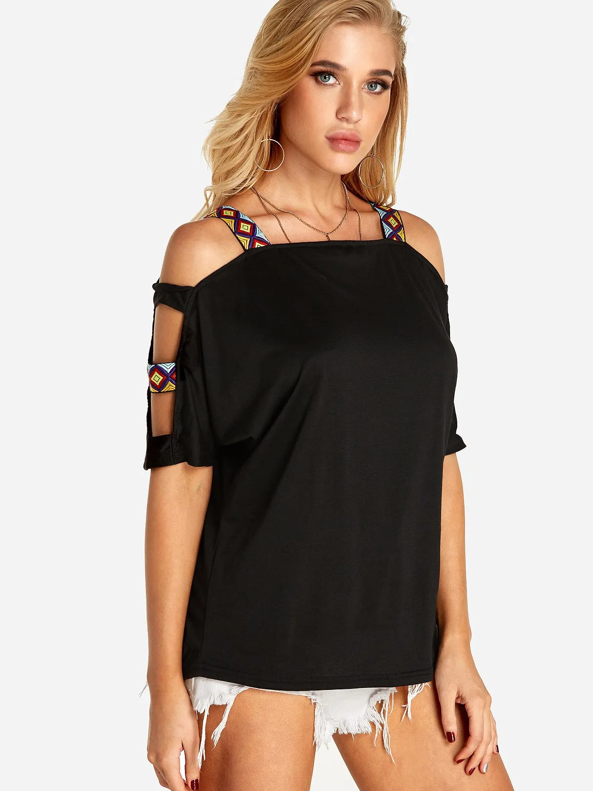 Custom Round Neck Cold Shoulder Cut Out Half Sleeve T-Shirts
