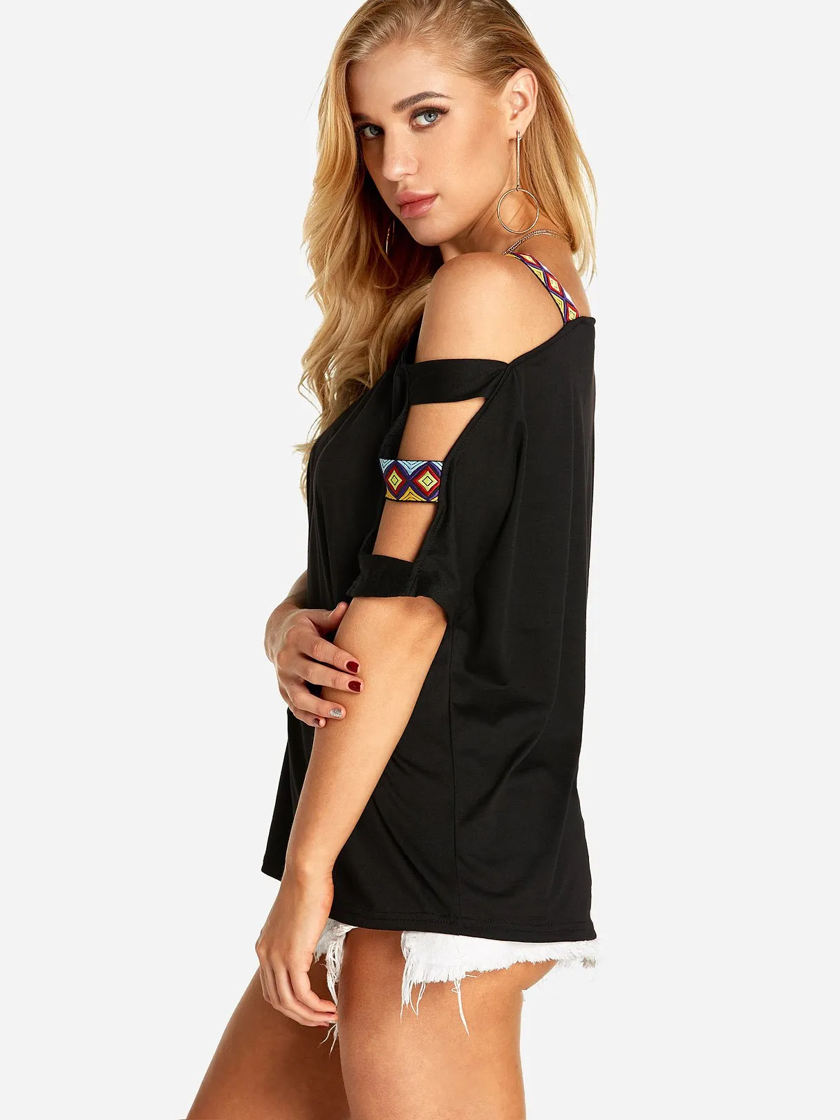 Custom Round Neck Cold Shoulder Cut Out Half Sleeve T-Shirts