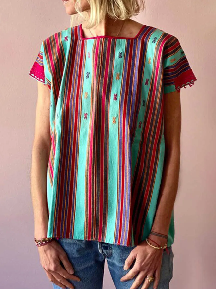 Fashion Casual Round Neck Embroidered Striped Top