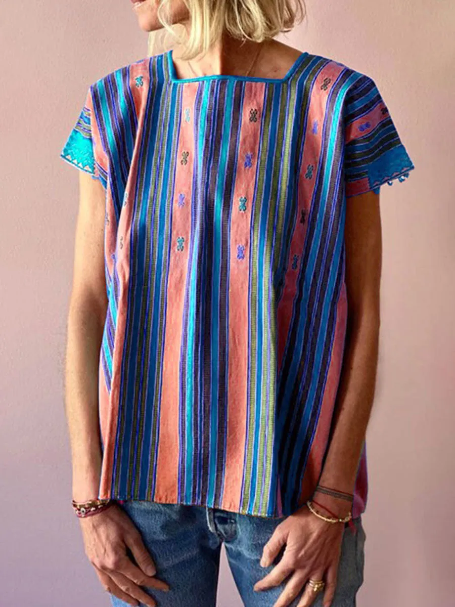 Fashion Casual Round Neck Embroidered Striped Top