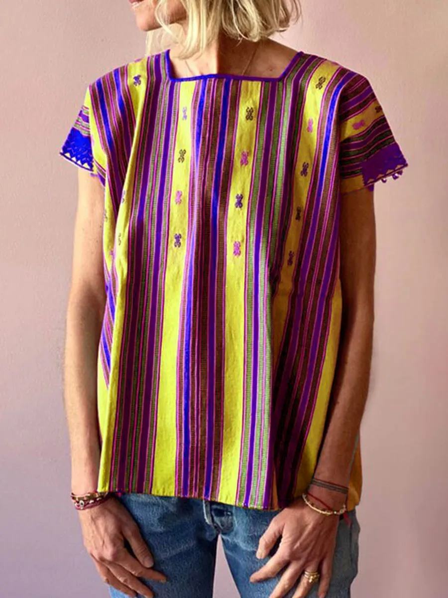 Fashion Casual Round Neck Embroidered Striped Top