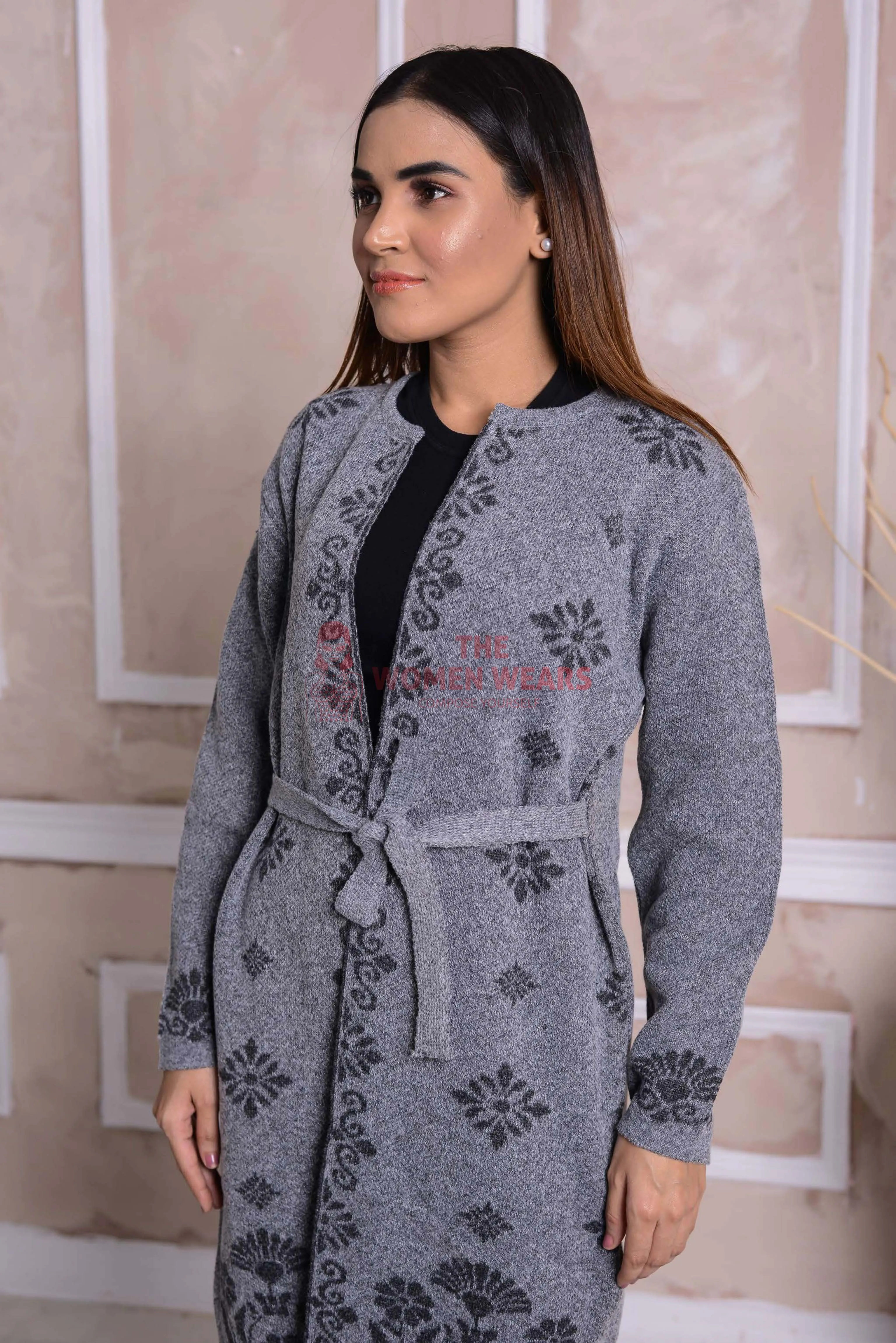 Imported Front Open Storm Grey Cozy Belted Cardigan Sweater - (CGN18)