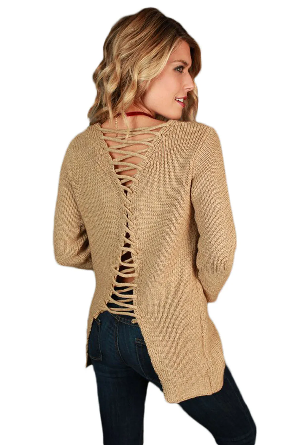 Khaki Never Look Back Lace Up Sweater