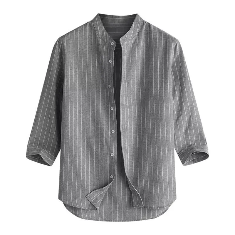 Men's Casual Striped Stand Collar Three Quarter Sleeve Shirt 80528266M