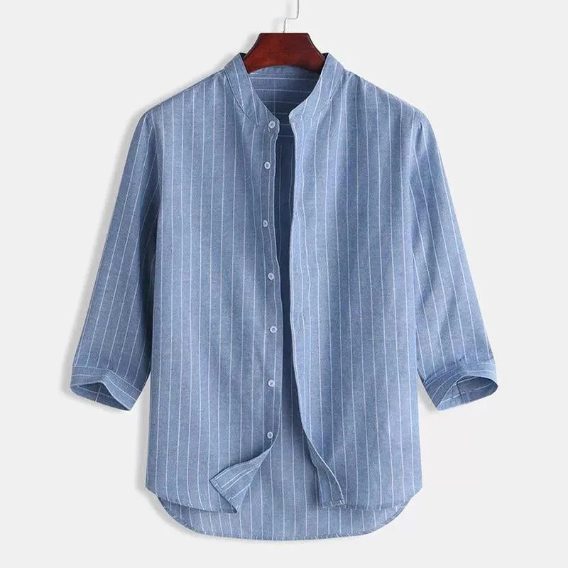 Men's Casual Striped Stand Collar Three Quarter Sleeve Shirt 80528266M