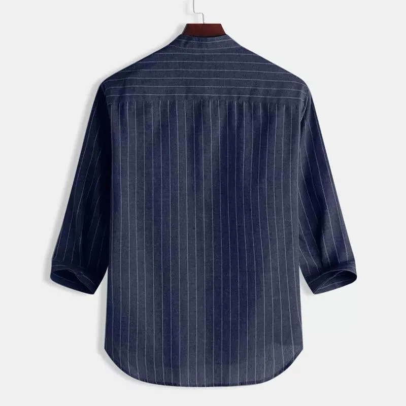 Men's Casual Striped Stand Collar Three Quarter Sleeve Shirt 80528266M