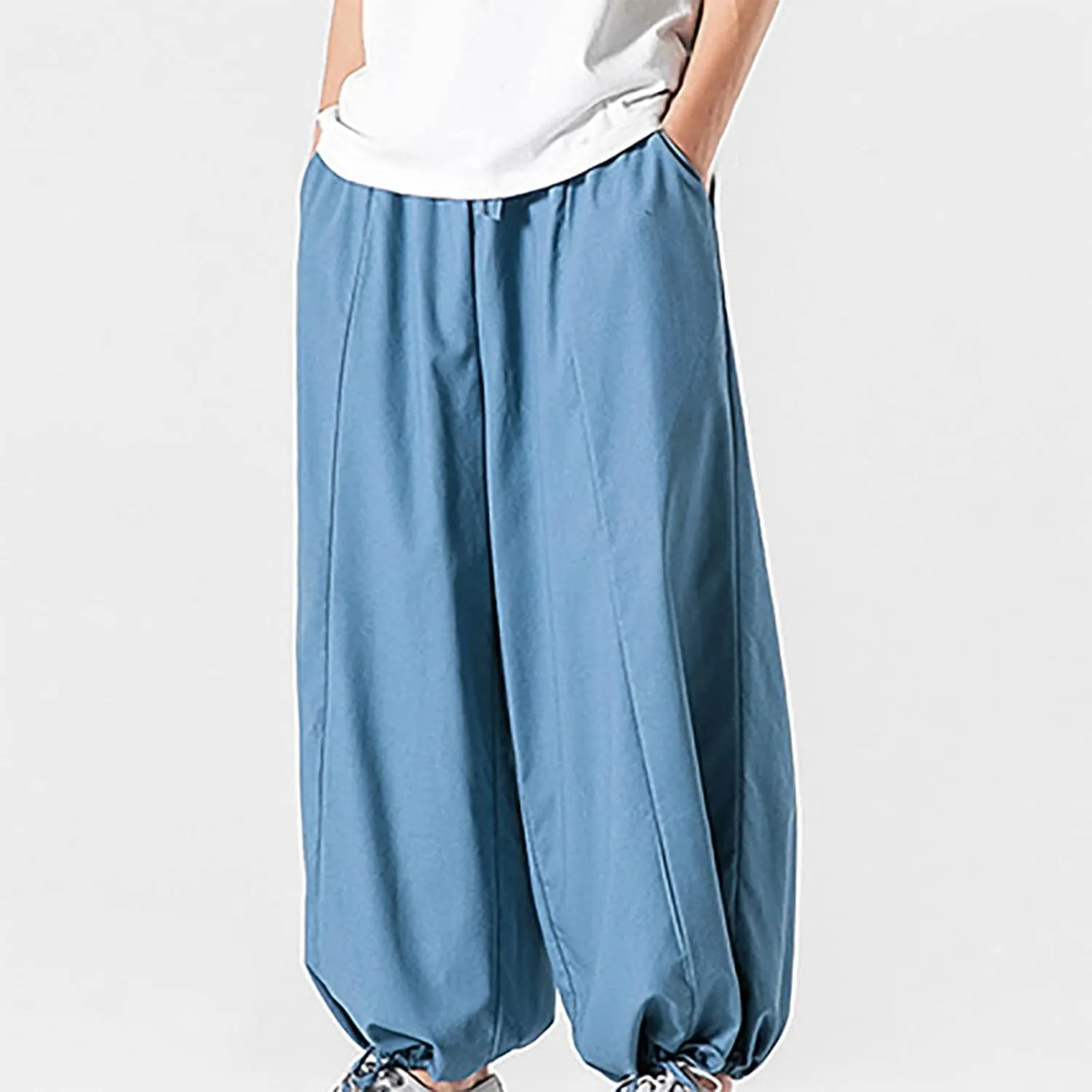 Mens Loose Fit Linen Harem Pants Wide Straight Leg Streetwear Bloomer Pants Summer Beach Yoga Hippie Trousers for Men