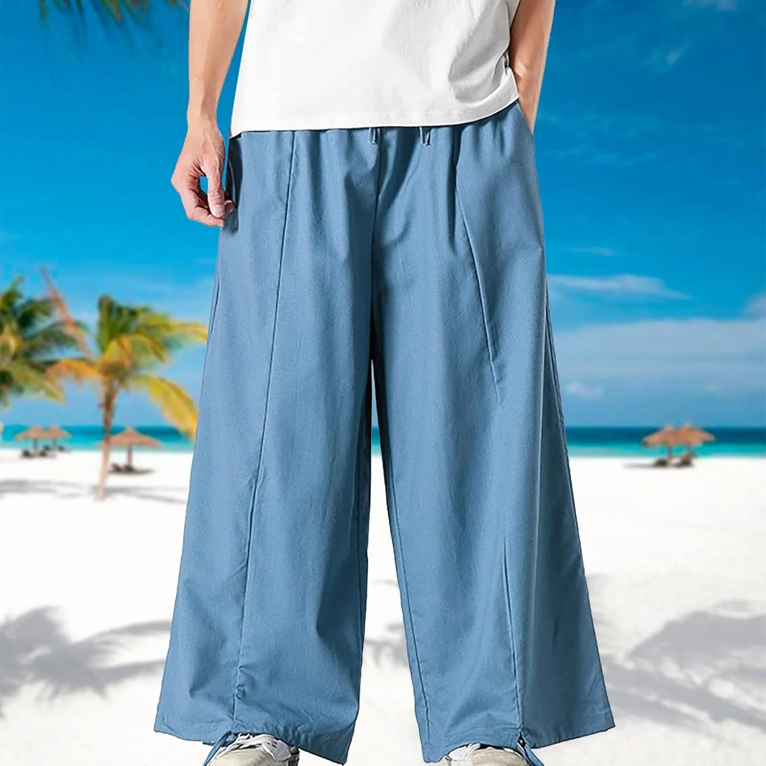 Mens Loose Fit Linen Harem Pants Wide Straight Leg Streetwear Bloomer Pants Summer Beach Yoga Hippie Trousers for Men
