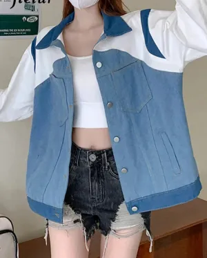 Metaversmall Vintage Splice Denim Coat Women Autumn Winter Korean New Loose Fashion Denim Jacket Top Female Hit Color Blue White S-XL