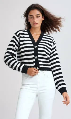 O200308 - Feminine Striped Knitted Cardigan - Black & White