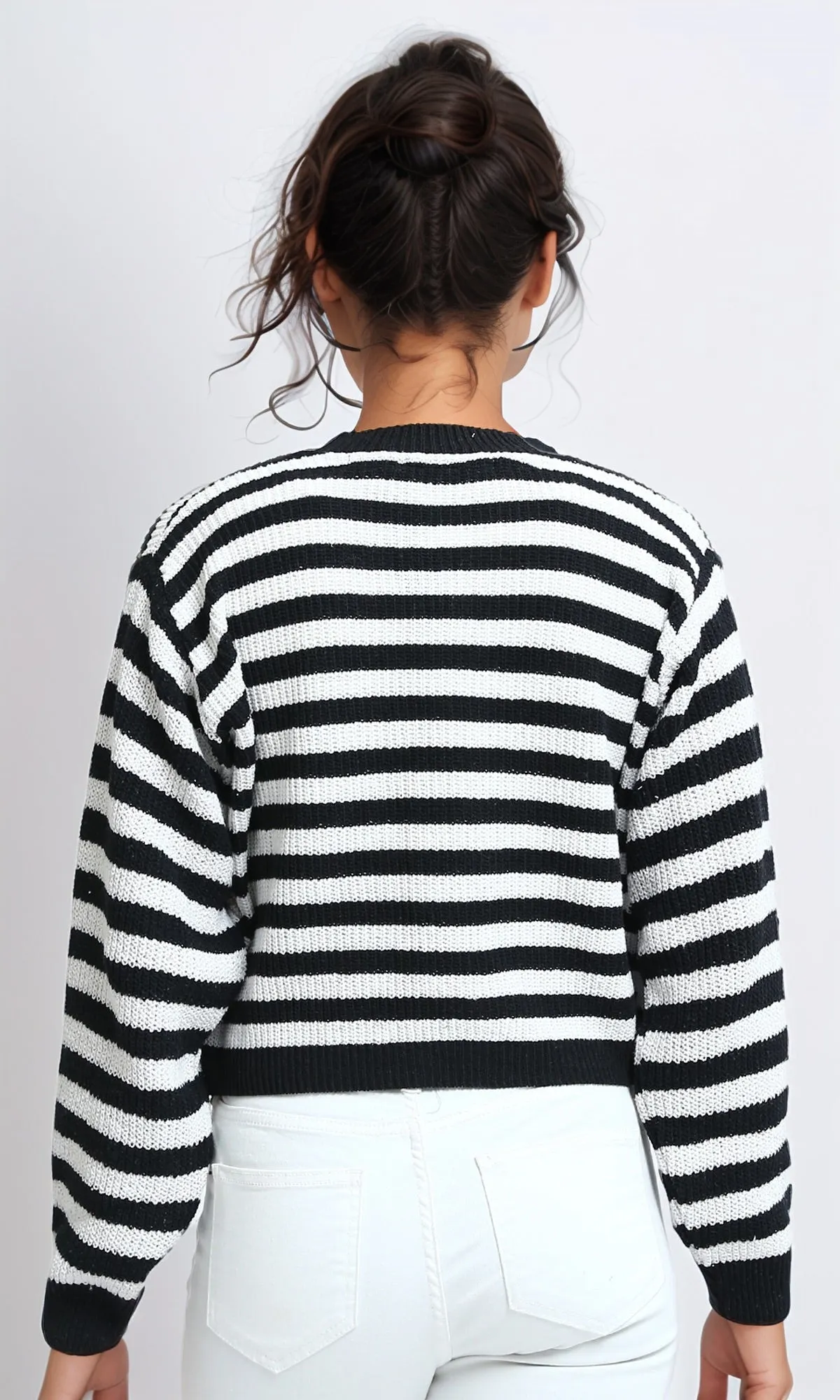 O200308 - Feminine Striped Knitted Cardigan - Black & White