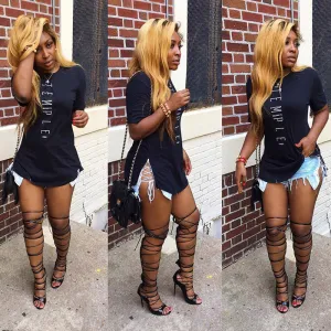 Print Fashion Casual O-Neck Short T-shirts #Black #Round Neck #Print