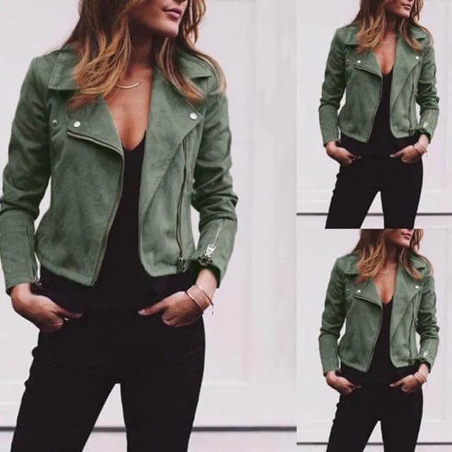Pure Color Leather Zipper Lapel Jacket