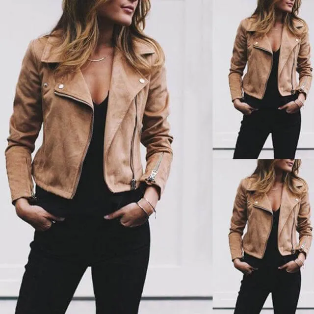 Pure Color Leather Zipper Lapel Jacket