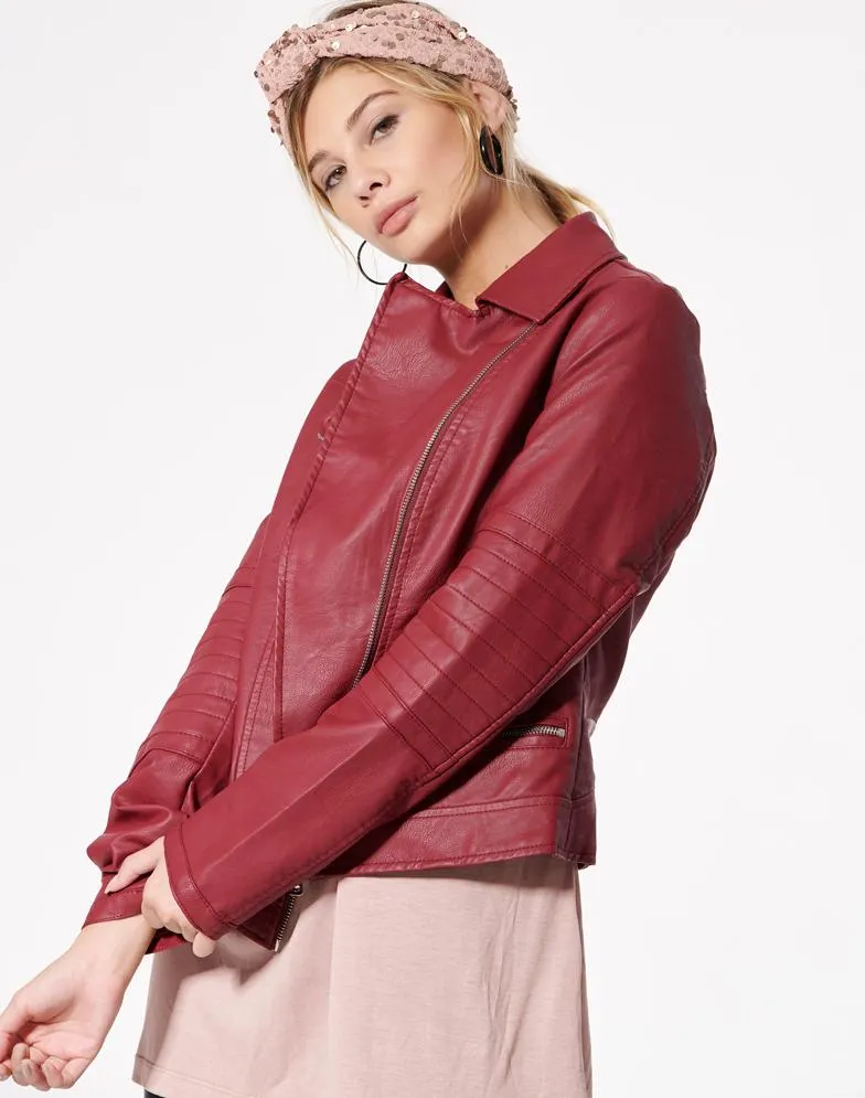Red Women Biker Leather Jacket By TJS