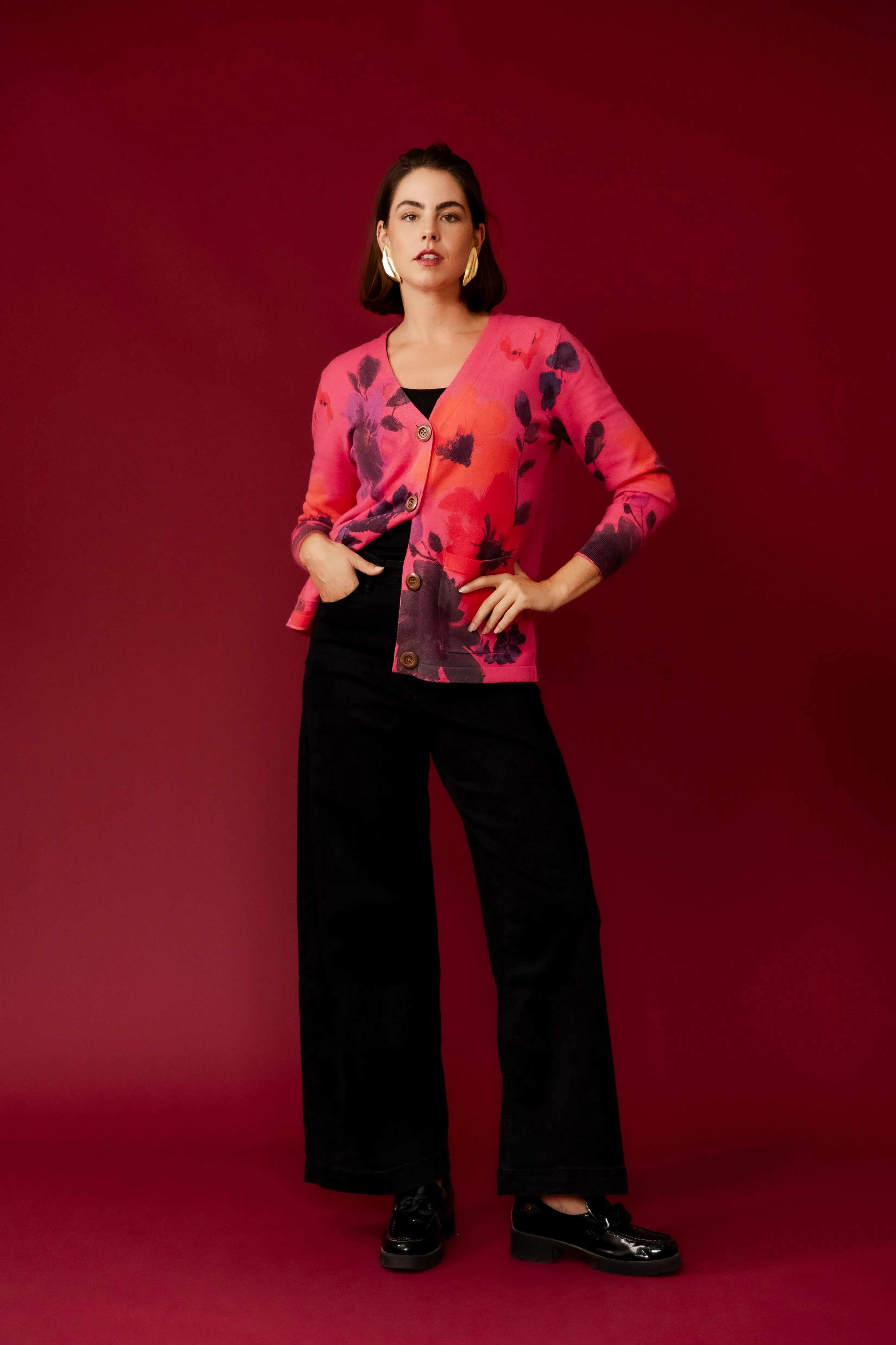 SANSA Hot Pink Flower Printer Cardigan
