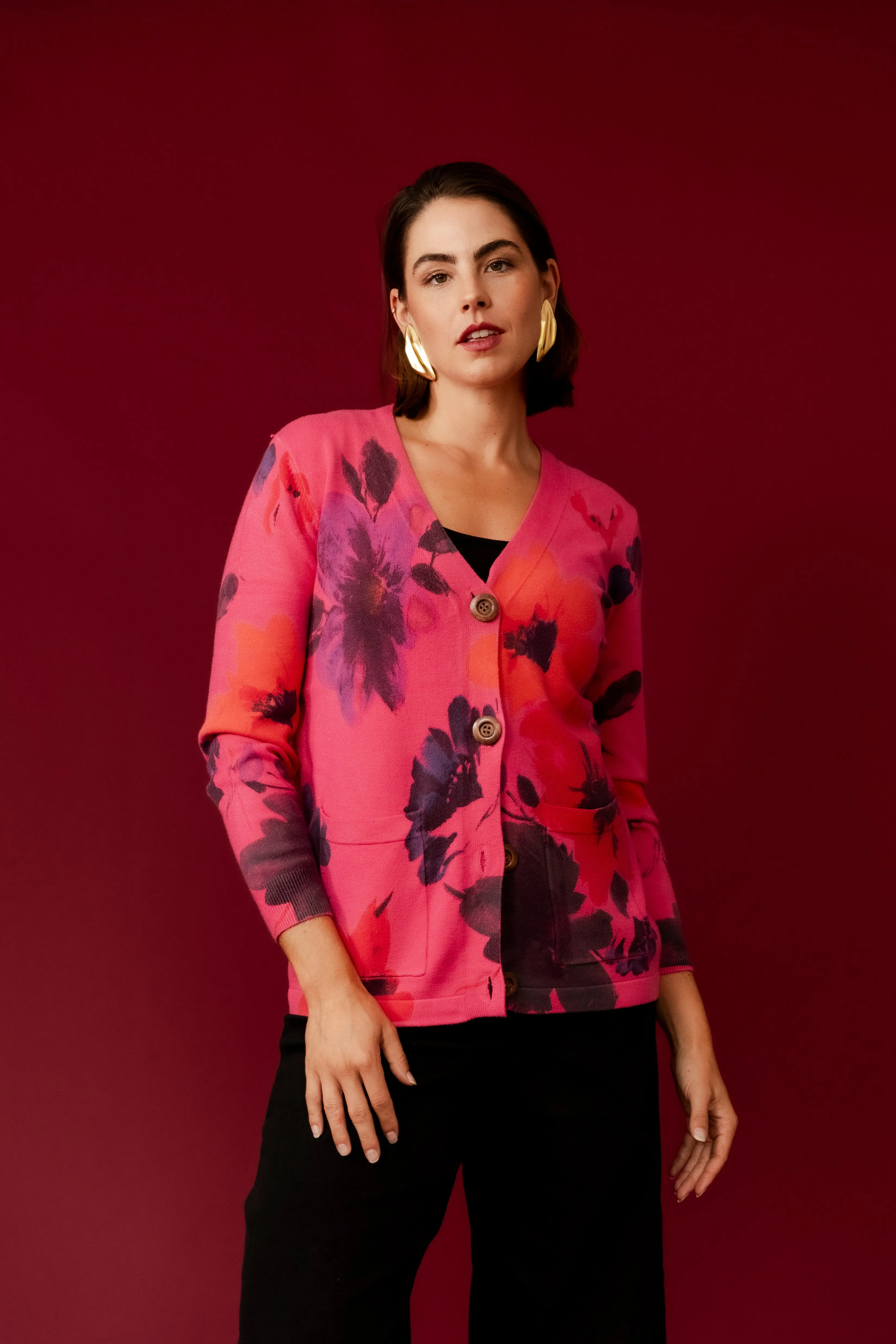 SANSA Hot Pink Flower Printer Cardigan