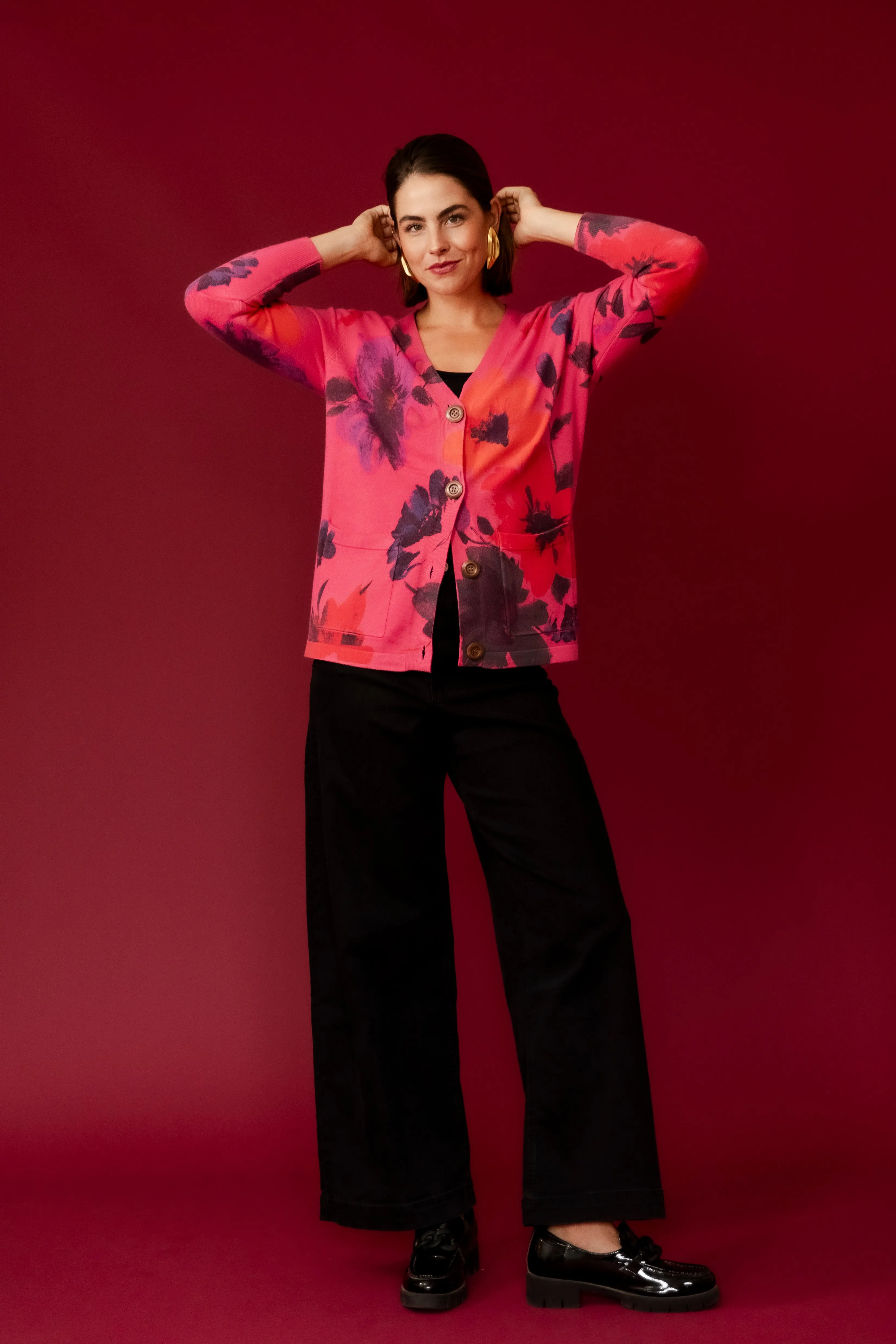 SANSA Hot Pink Flower Printer Cardigan