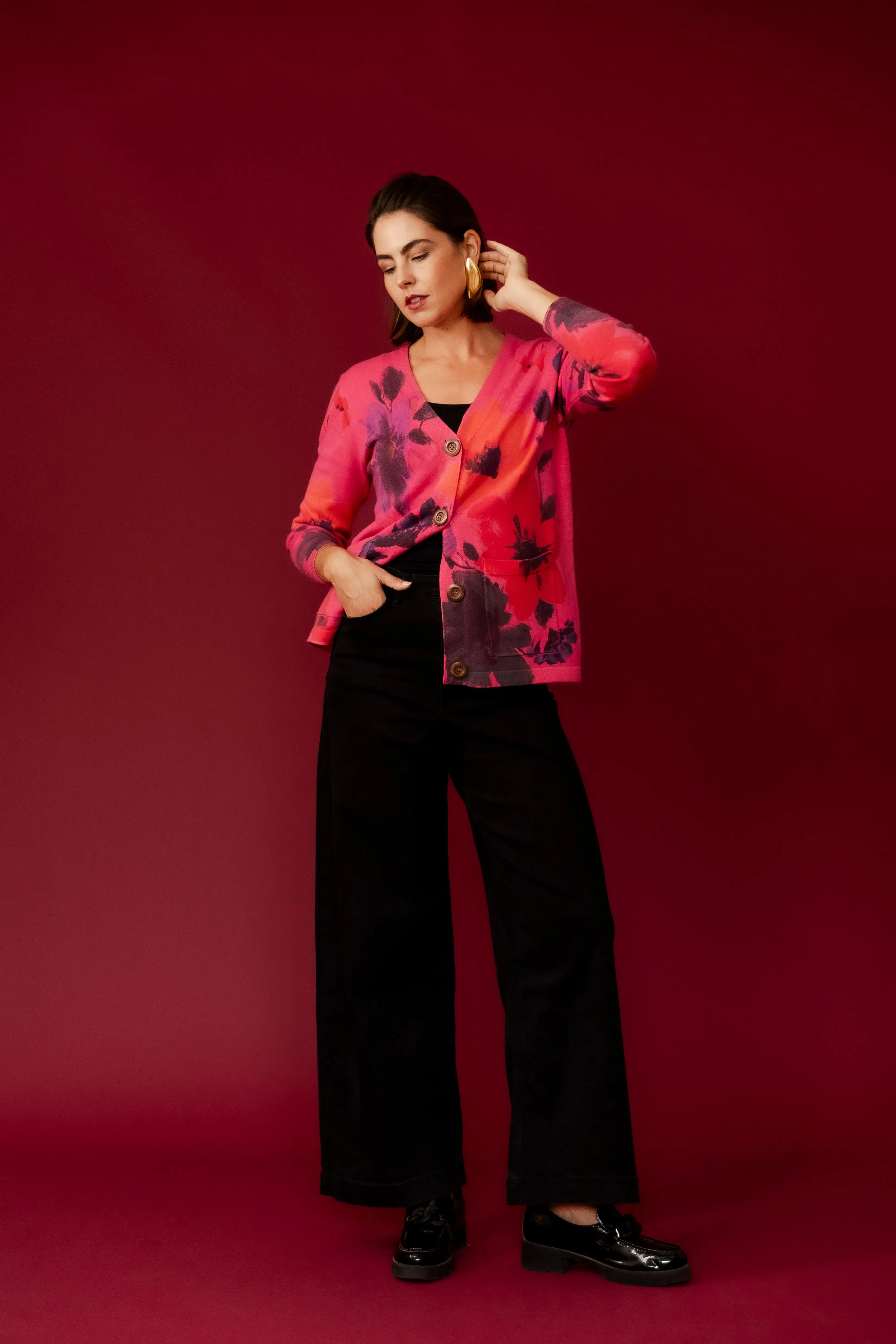SANSA Hot Pink Flower Printer Cardigan
