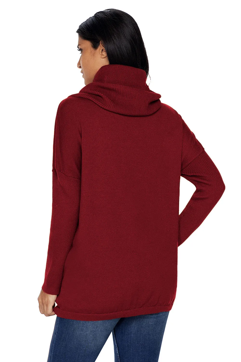 Sexy Burgundy Cozy Cowl Neck Long Sleeve Sweater