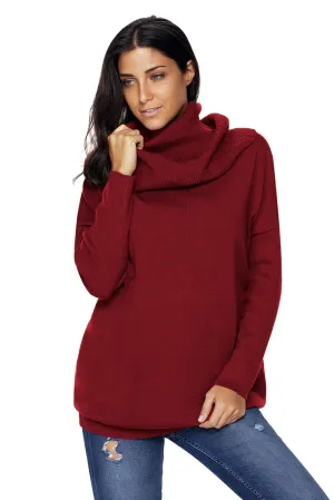 Sexy Burgundy Cozy Cowl Neck Long Sleeve Sweater