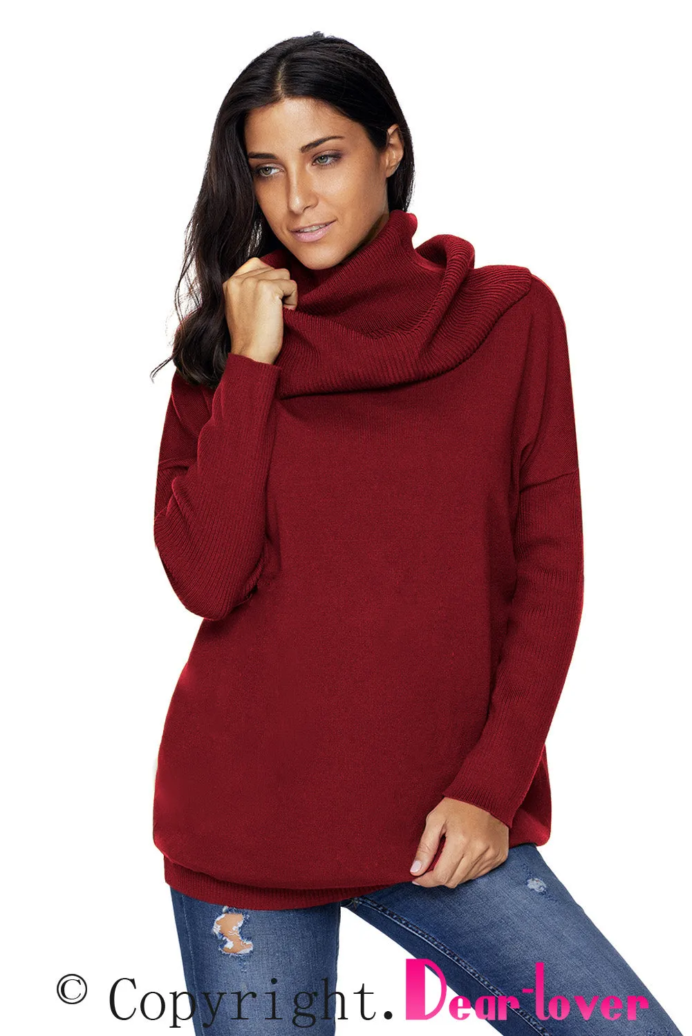 Sexy Burgundy Cozy Cowl Neck Long Sleeve Sweater
