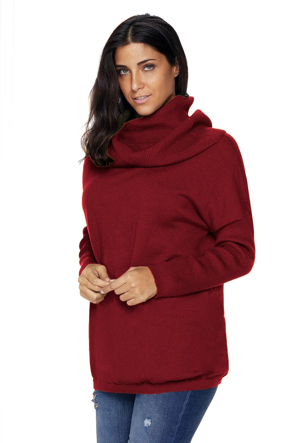 Sexy Burgundy Cozy Cowl Neck Long Sleeve Sweater
