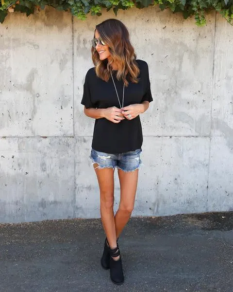 Short Sleeves Scoop Pure Color Casual T-shirt
