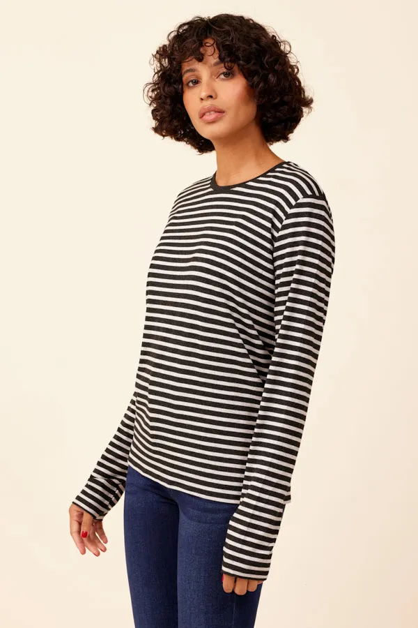 Soft Touch Striped Semi Relaxed Crewneck in Anthracite Chine