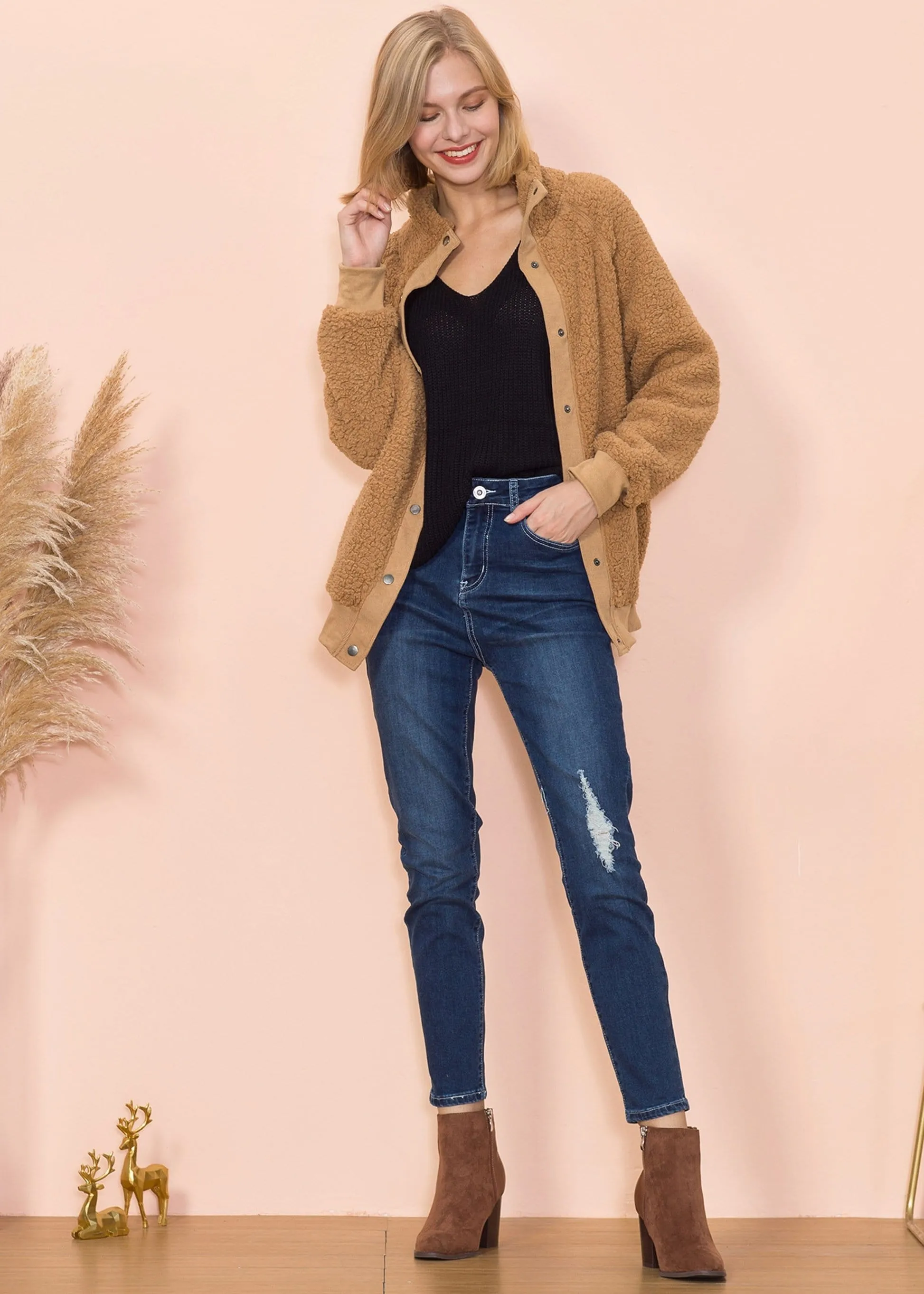 Solid Color Shearling Teddy Jacket