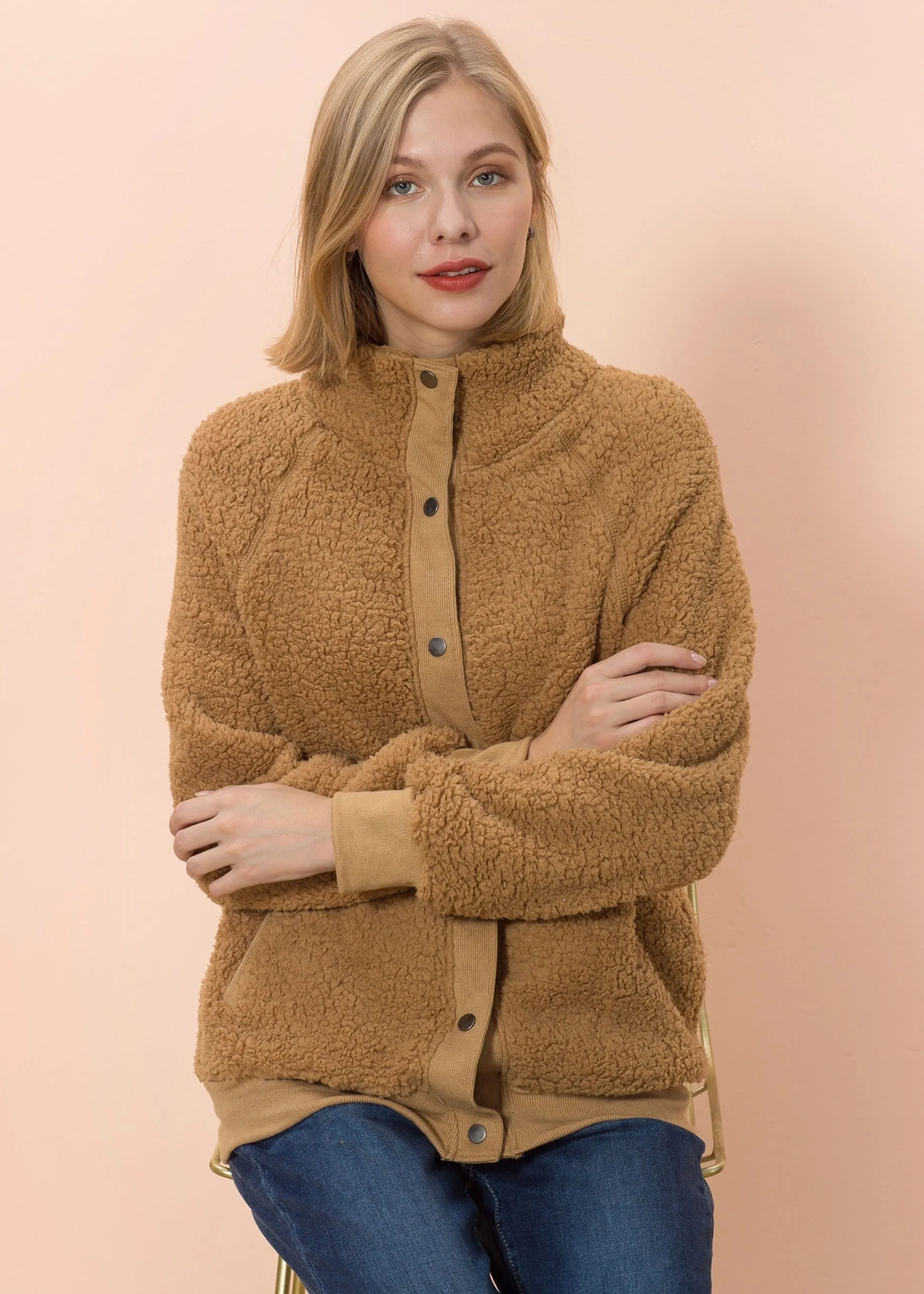 Solid Color Shearling Teddy Jacket