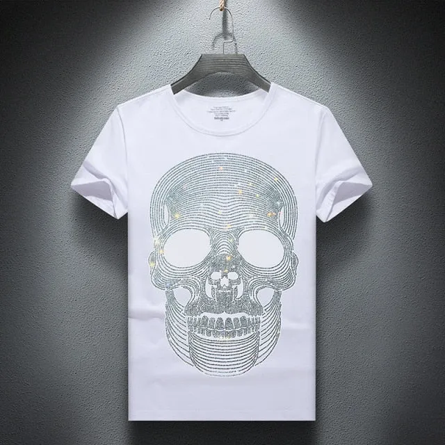Striped Skulls Rhinestones Decorated T-Shirt